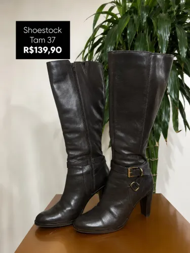 Bota Shoestock Couro Preto Cano Alto Tam 37 Salto Alto