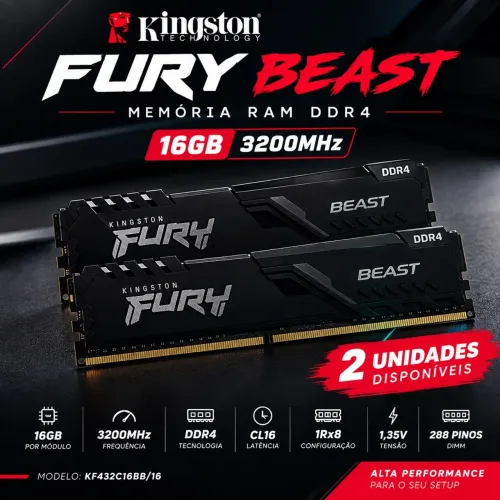 2x Memória RAM Kingston Fury Beast 16GB DDR4 3200MHz NOVAS