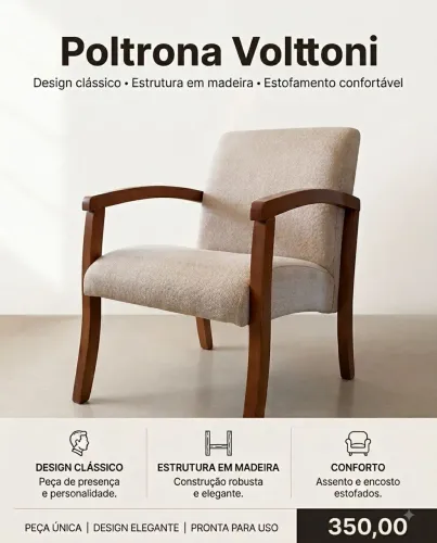 Poltrona Volttoni em madeira! Desing clássico e confortável!