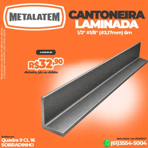 Cantoneira Laminada 1/2" #1/8" (#3,17mm) Barra de 6 Metros
