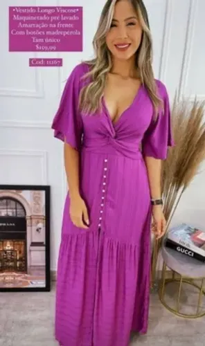 Vestido longo c/ botões madrepérola 