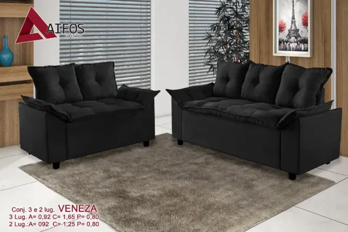 Conjunto Estofado Veneza 2x3 Lugares Preto - Frete Grátis - Receba Hoje