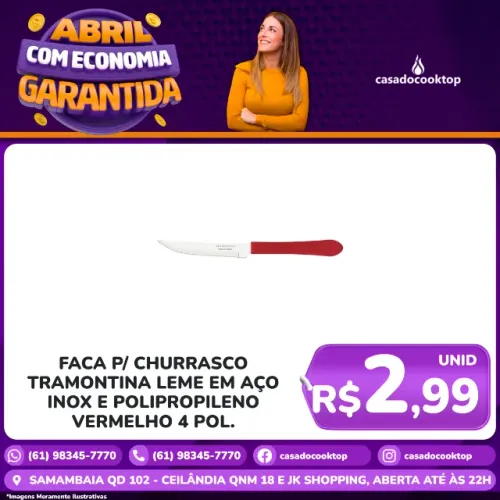 Faca Churrasco Tramontina Leme em Inox e Polipropileno Vermelho 4 Pol.