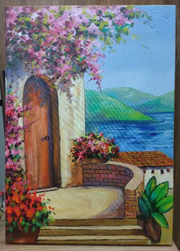 Quadro Vista Encantada - Pintura a Óleo, Paisagem Mediterrânea