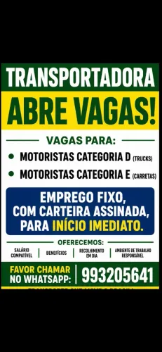 Vagas para Motoristas de Truck categoria "D" e Carretas categoria "E"