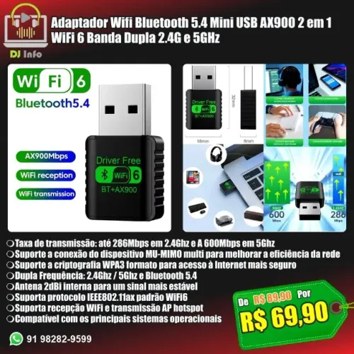 Adaptador Wifi Bluetooth 5.4 Mini USB AX900 2 em 1 WiFi 6 Banda Dupla 2.4G e 5GHz