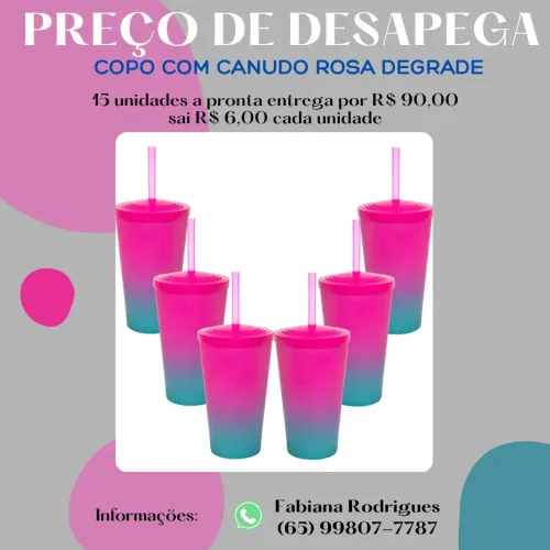 Copo Rosa Degrade com Canudo 500ml