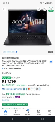 VENDO NOTEBOOK GAMER, COM NOTA FISCAL E GARANTIA ACER.