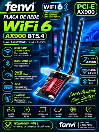 Placa de Rede Fenvi WiFi 6 PCI-E AX900 2.4 Ghz & 5Ghz Bluetooth 5.4