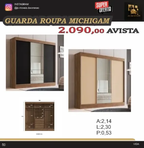 ROUPEIRO MICHIGAM PORTA DE CORRER COM ESPELHO MDF 2