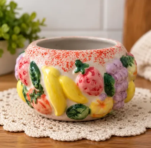 Vaso Cachepô de Cerâmica com Frutas em Relevo Vintage