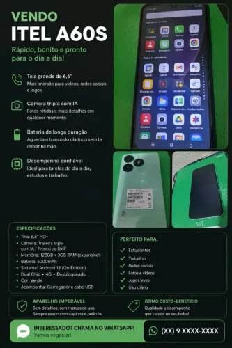 Celular Itel A60S 128GB + 3GB RAM | Semi-novo | Conservado