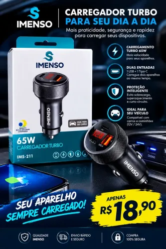 Carregador Veicular veicular para moto e carro Turbo 65 w