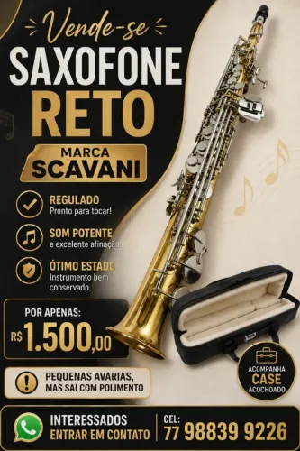 Sax soprano reto Scavani - ótima oportunidade! Usado, funcionando perfeitamente