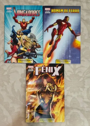 kit 3 hqs marvel 2000 vingadores, homem de ferro e fênix
