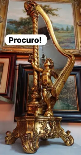 Espelho antigo formato de arpa art Noveau querubins dourado Luis xv vintage 