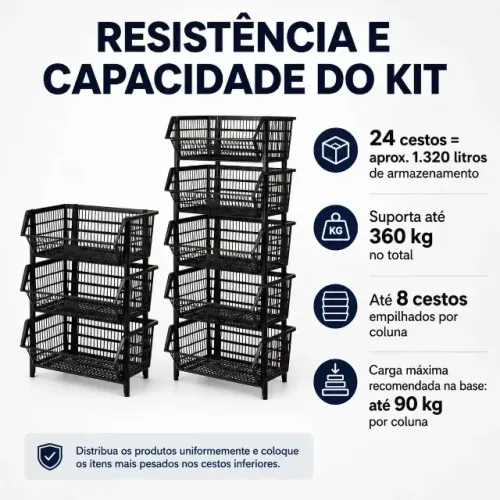 24 cestos organizador plástico N3 58cm empilhável 55 litros preto
