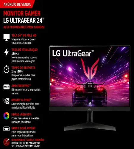 MONITOR LG ULTRAGEAR (24 POL)  180HZ- IPS FHD- G-SYNC, FREESYNC E HDR.