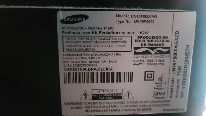 Tv samsung Model: UN46F8000AG<br><br>Type No.: UN46F8000