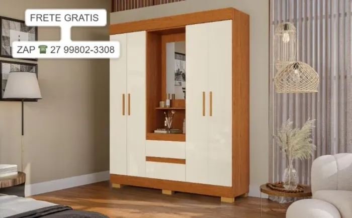**Guarda Roupa Isabely 4 Portas c/Espelho - Cinamomo/Off White