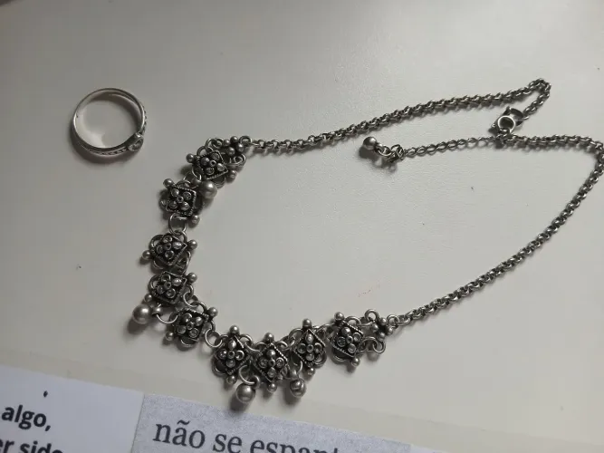 Colar Choker Prata 925 e Anel Solitário Coração Prata 925