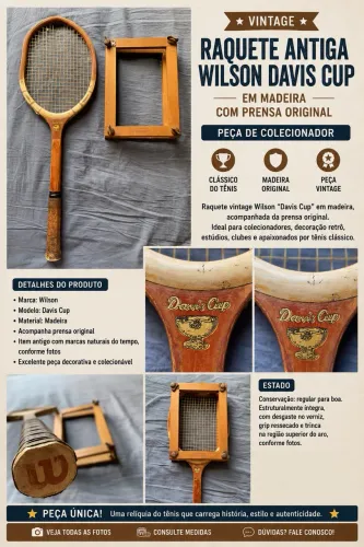 Raquete Antiga Wilson Davis Cup em Madeira com Prensa Original - Vintage/Decoração