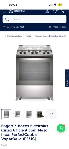 Fogão 5 bocas Electrolux Cinza Efficient com Mesa Inox, PerfectCook e VaporBake