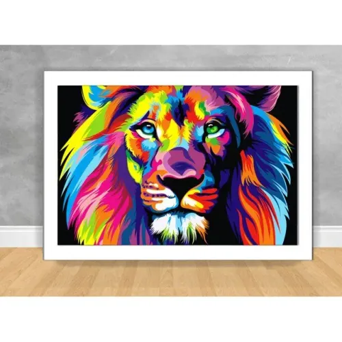 Quadro com Vidro Animal Leão Colorido I Quadro Decorativo Branco