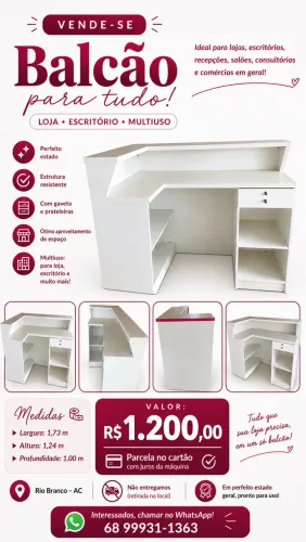 Balcão Branco Multiuso - Loja, Escritório..