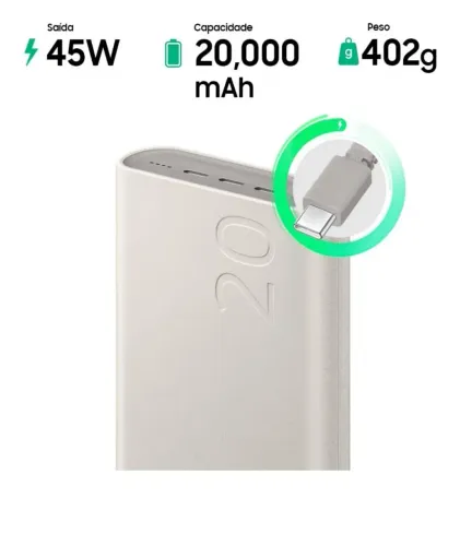 Bateria Carregador Portátil 3x USB-C 20000mAh Turbo 45W powerbank