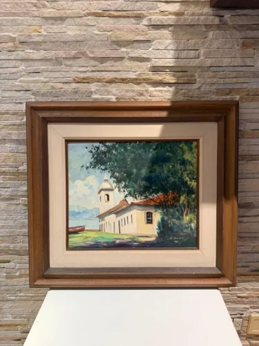 Quadro Pintura a Óleo Assinado A. Xavier (1989) - Paisagem com Igreja - Moldura de Madeira