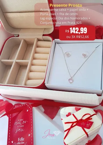 Kit presente dia dos namorados com conjunto rosa em prata 925