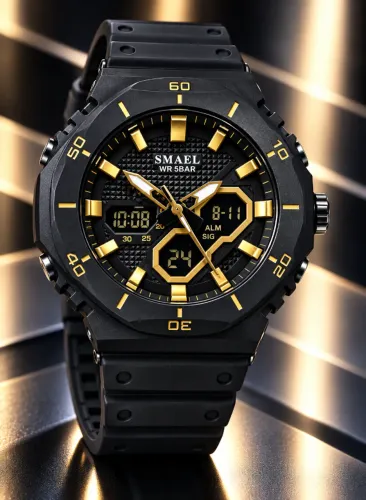 Relógio de pulso Smael Preto/Dourado Ana-Digi Silicone PROVA D'ÁGUA Novo