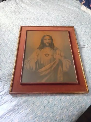 Antigo Quadro Com Gravura Sagrado Coração de Jesus