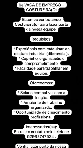 Vaga de emprego para costureira(o)