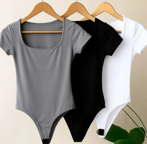 Kit 3 Body Feminino Decote Quadrado Manga Curta