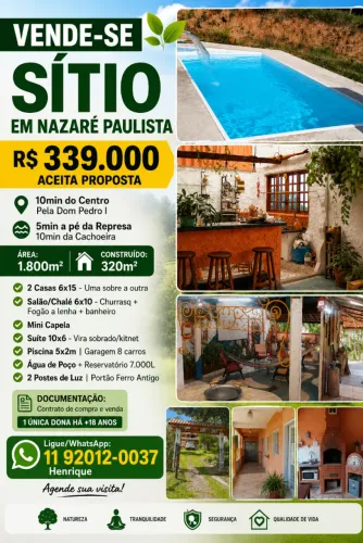 VENDE-SE SÍTIO 1.800m² - 320m² CONSTRUÍDO - NAZARÉ PAULISTA