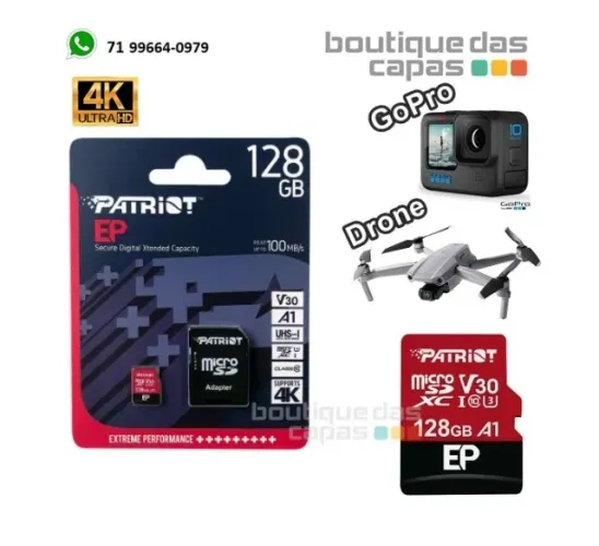 Cartão de Memória 4k v30 a1 Patriot 128GB Microsdxc Classe 10 indicado p drone gopro