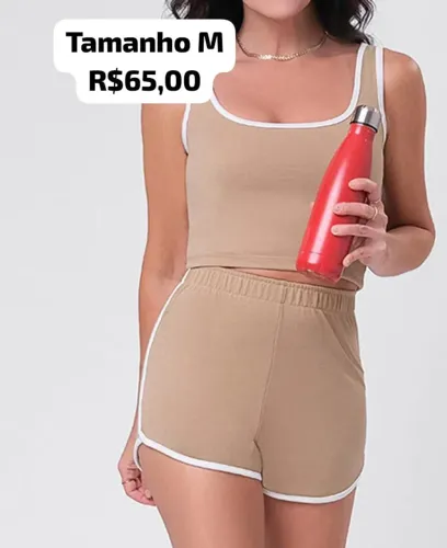 Conjunto cropped e short feminino tamanho M - bege
