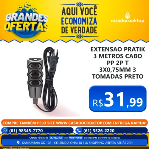 EXTENSAO PRATIK 3 METROS CABO PP 2P+T 3X0,75MM 3 TOMADAS PRETO