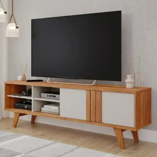 Rack Bancada Paraty Pés Com Madeira Maciça Rippas 100% MDF Freijó/Off White 