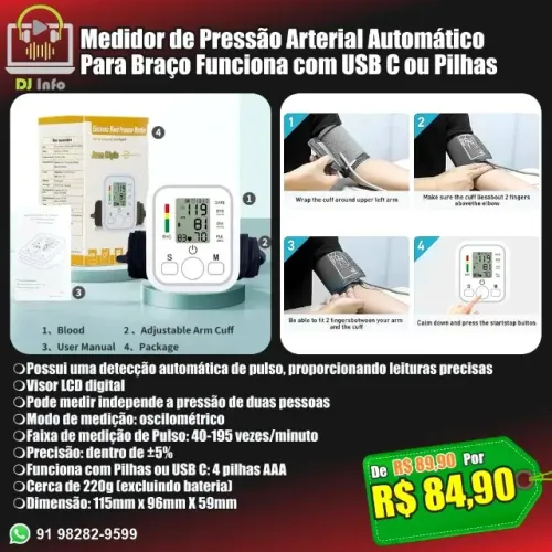 Medidor de Pressão Arterial Automático Para Braço Funciona com USB C ou Pilhas
