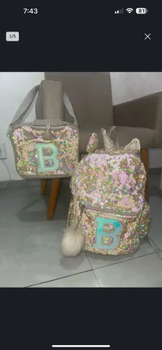 Mochila + Lancheira Térmica Bagaggio Unicórnio de Paetê Original