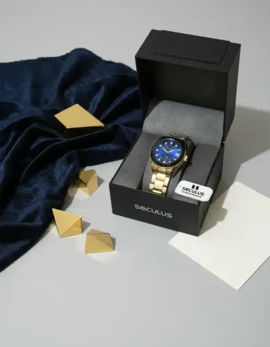  Relógio Feminino Seculus Dourado Com Visor Azul
