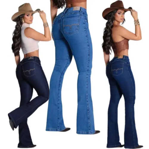 Calça jeans flare country bordada nós bolsos calça Wide Leg feminina shorts número 34a 46