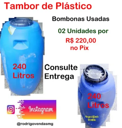 Tambor de Plástico dois Bombona 240 litro Reservatório Sitio construção comercio auto agro