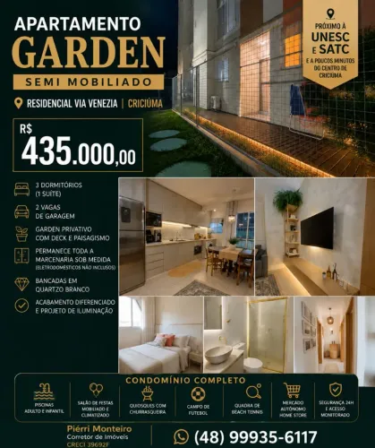 Apartamento Garden Semi Mobiliado - Residencial Via Venezia | Criciúma