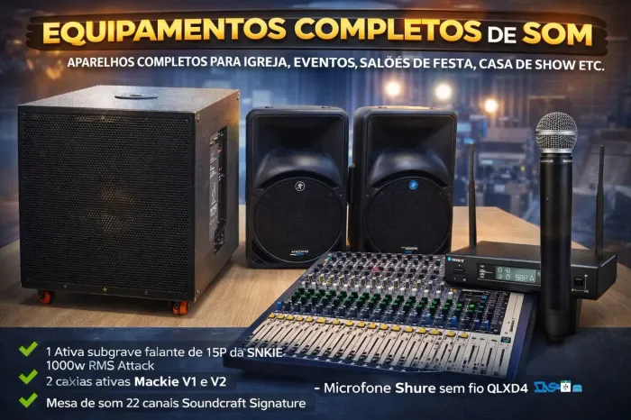 SOM PROFISSIONAL COMPLETO + MACKIE + SHURE + MESA 22 CANAIS