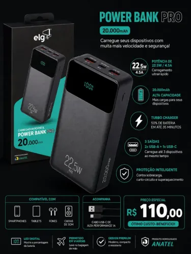 Power Bank ELG Pro 20.000mAh 22,5W Carga Rápida USB-C