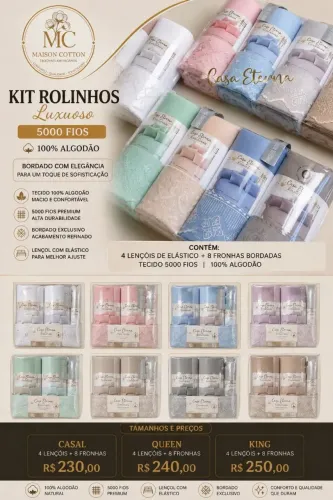 Kit rolinhos luxuosos 5000 fios 100% algodão